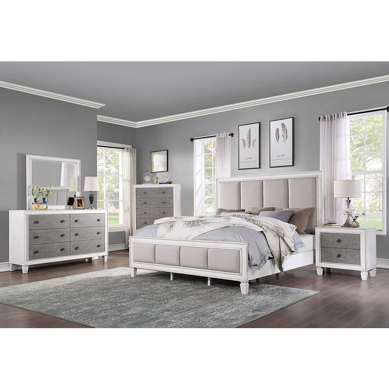 Katia Gray Fabric Channel Tufted Queen Bed in scene