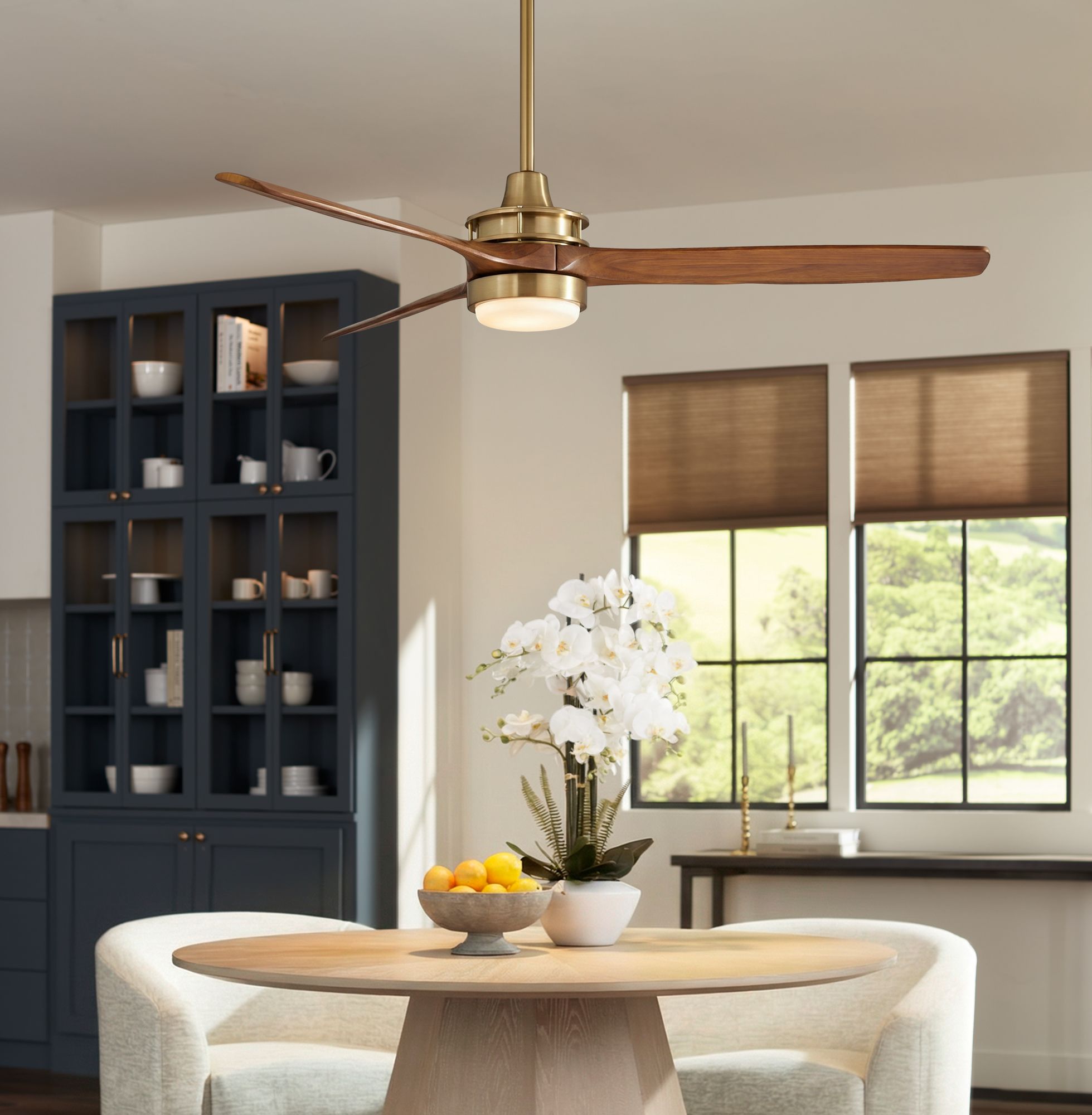 Image 1 52" Windspun Soft Brass and Walnut LED Ceiling Fan with Remote in scene
