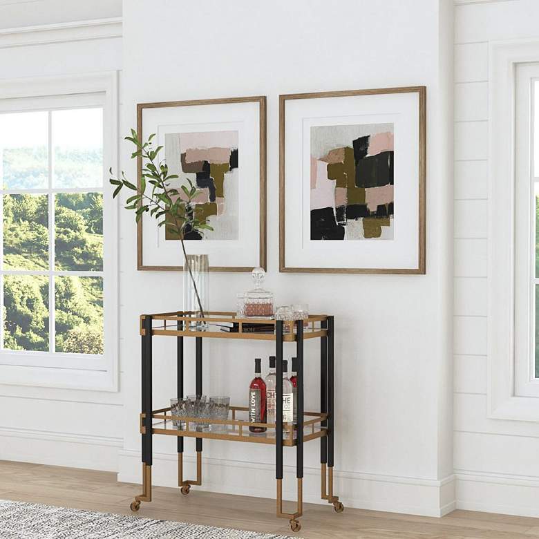 Image 1 Kentmore 33"W Matte Black Gold Leaf 2-Shelf Rolling Bar Cart in scene
