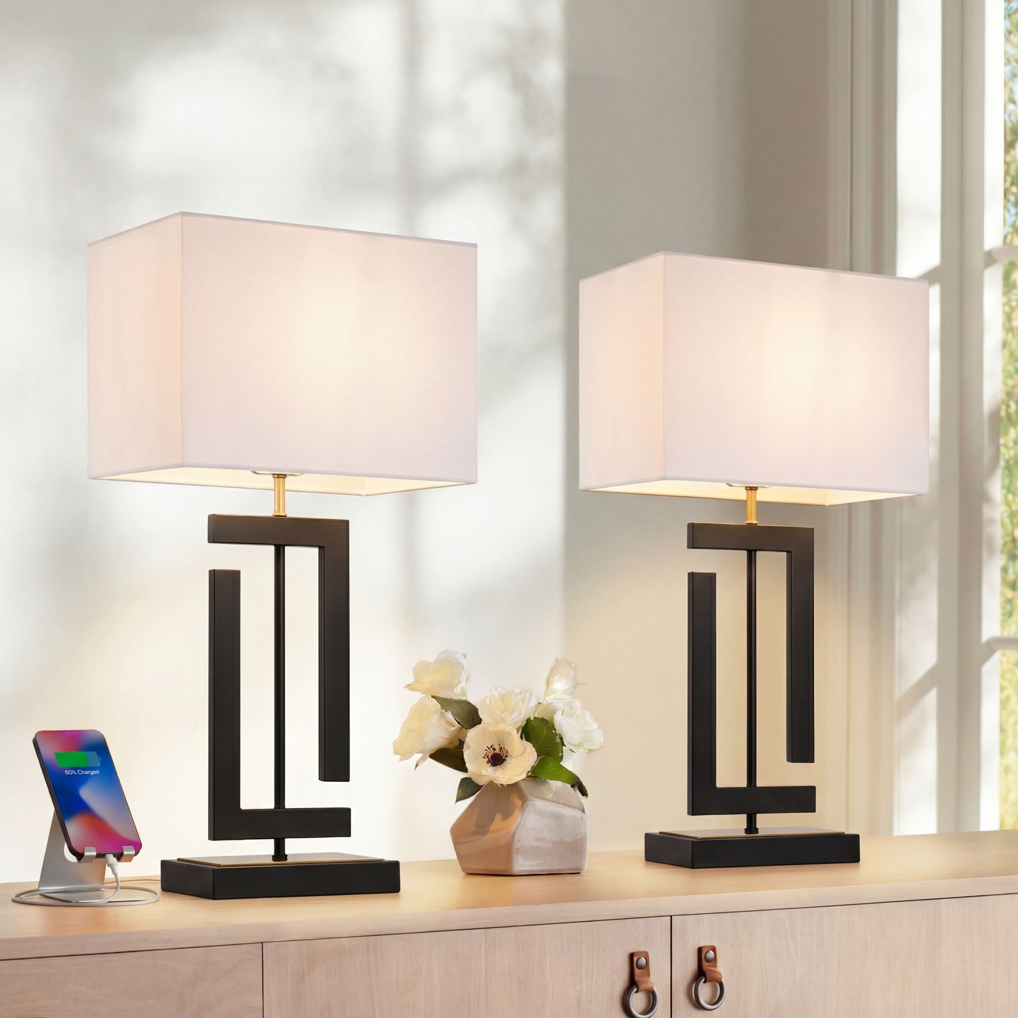 Image 1 Pellana 26 1/4" High Matte Black and Brass USB Table Lamp Set of 2 in scene