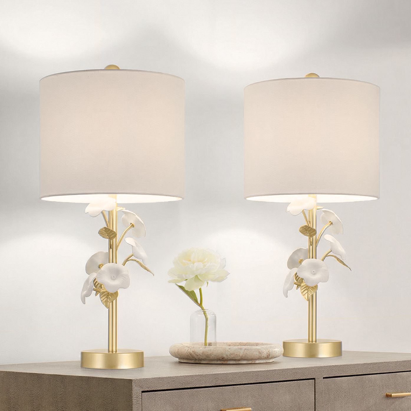 Image 1 Descanso 21"H Gold and White Flower Table Lamp Set of 2 with Dimmer in scene