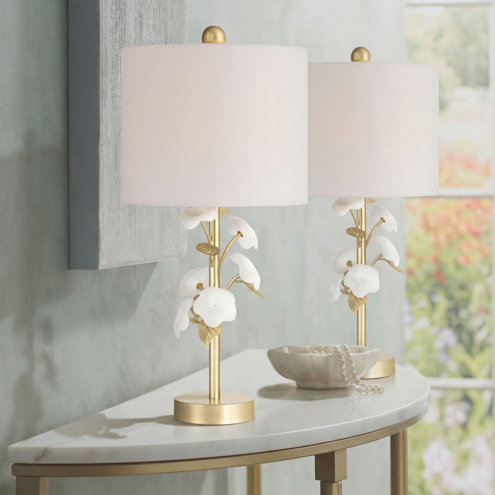 Image 1 Descanso 21"H Gold and White Flower Table Lamp Set of 2 with Dimmer in scene