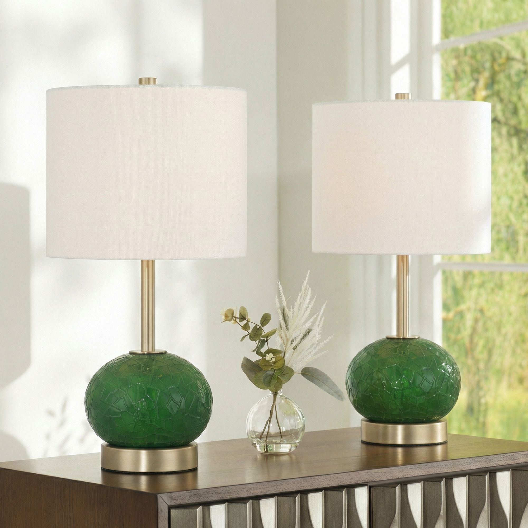 Image 1 Maris 20" High Green Glass and Satin Brass Table Lamp Set of 2 in scene