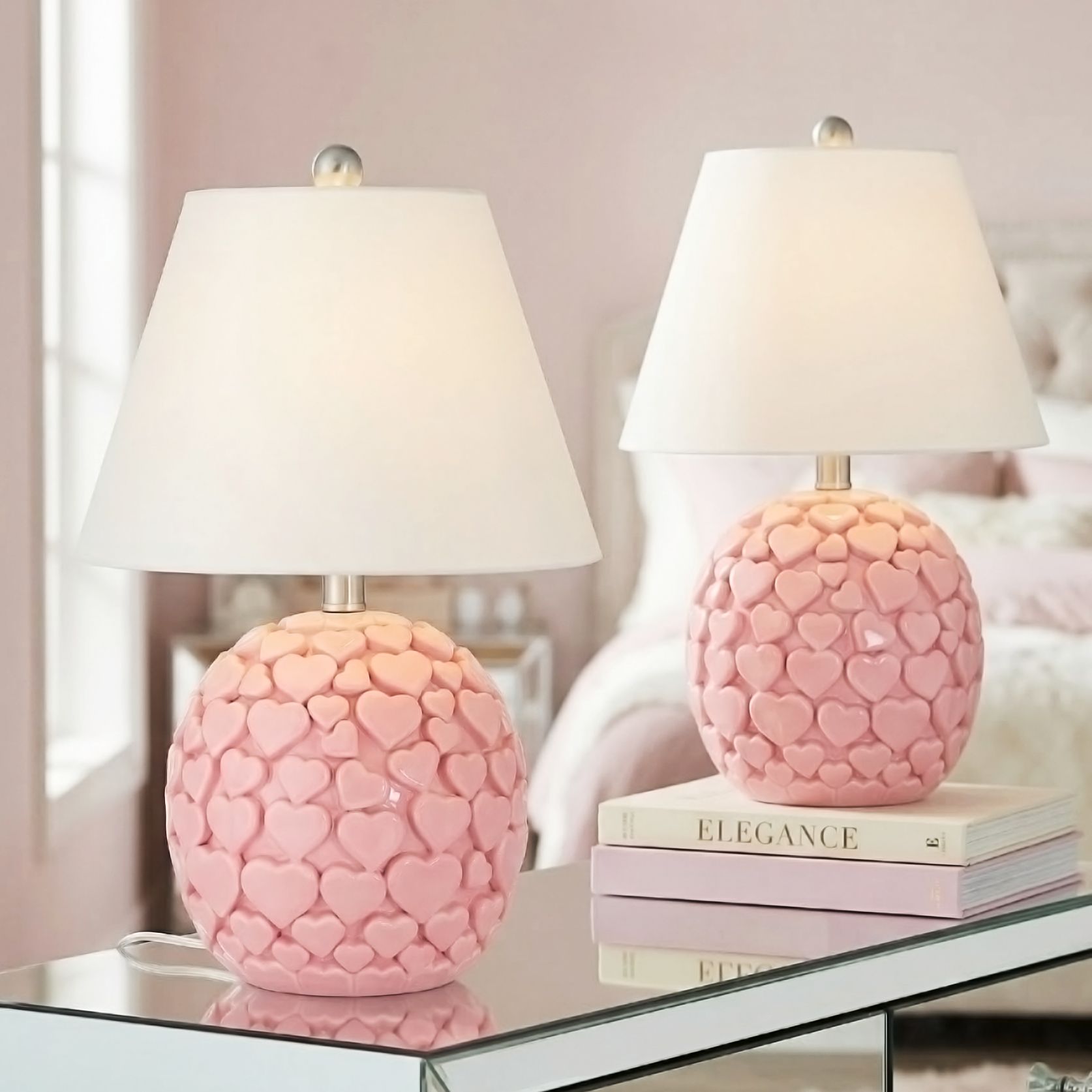 Image 1 Aurora 17 1/4"H Pink Hearts Ceramic Table Lamp Set of 2 with Dimmer in scene