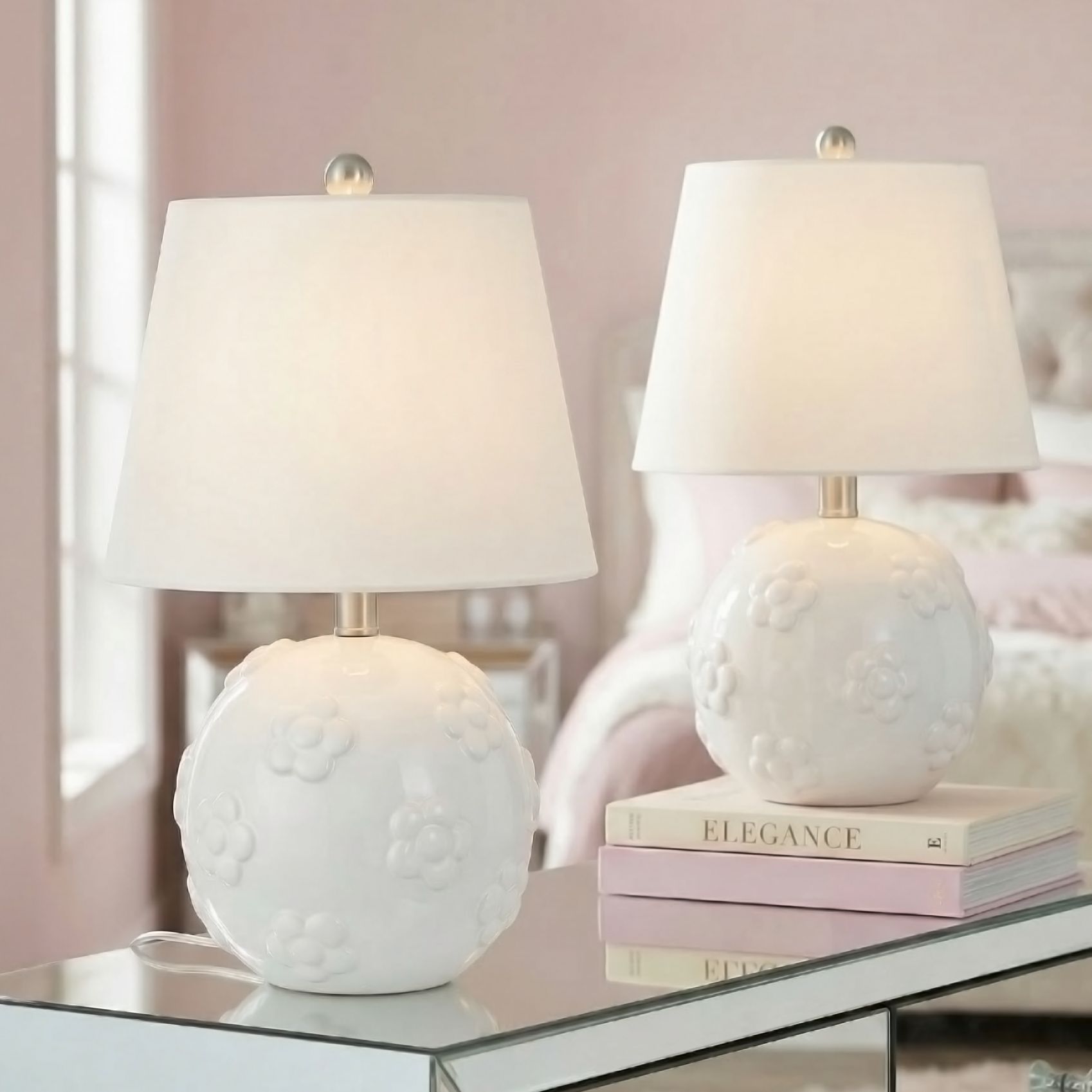 Image 1 Arianna 16"H White Flower Ceramic Accent Table Lamp Set with Dimmer in scene