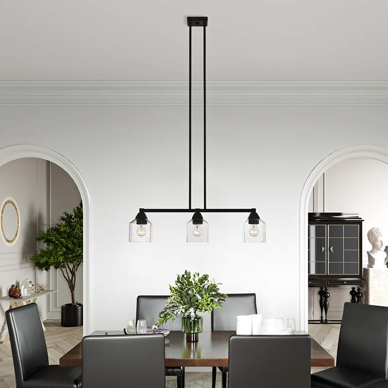 Image 1 Aragon 30"W Black 3-Light Linear Chandelier w/ Seeded Glass in scene