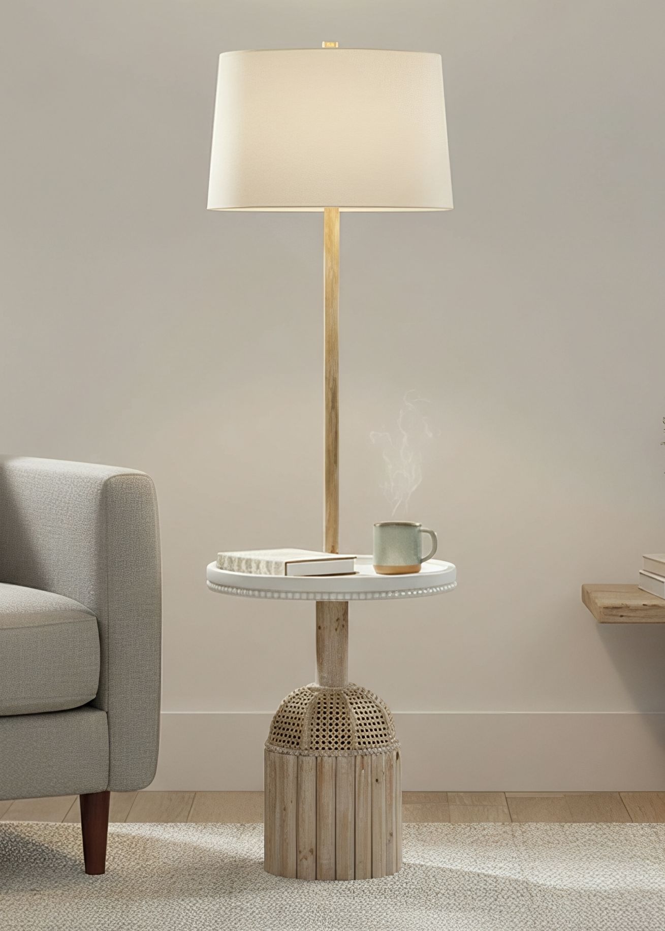 68"H Rattan Floor Lamp with Tray Table