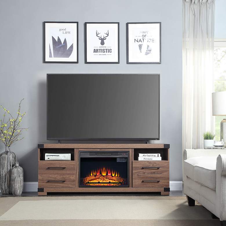 Image 1 Richmond 60"W Brown Wood 2-Shelf 2-Drawer Electric Fireplace in scene