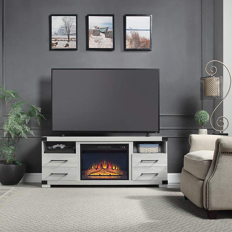 Image 1 Richmond 60"W Gray Wood 2-Shelf 2-Drawer Electric Fireplace in scene