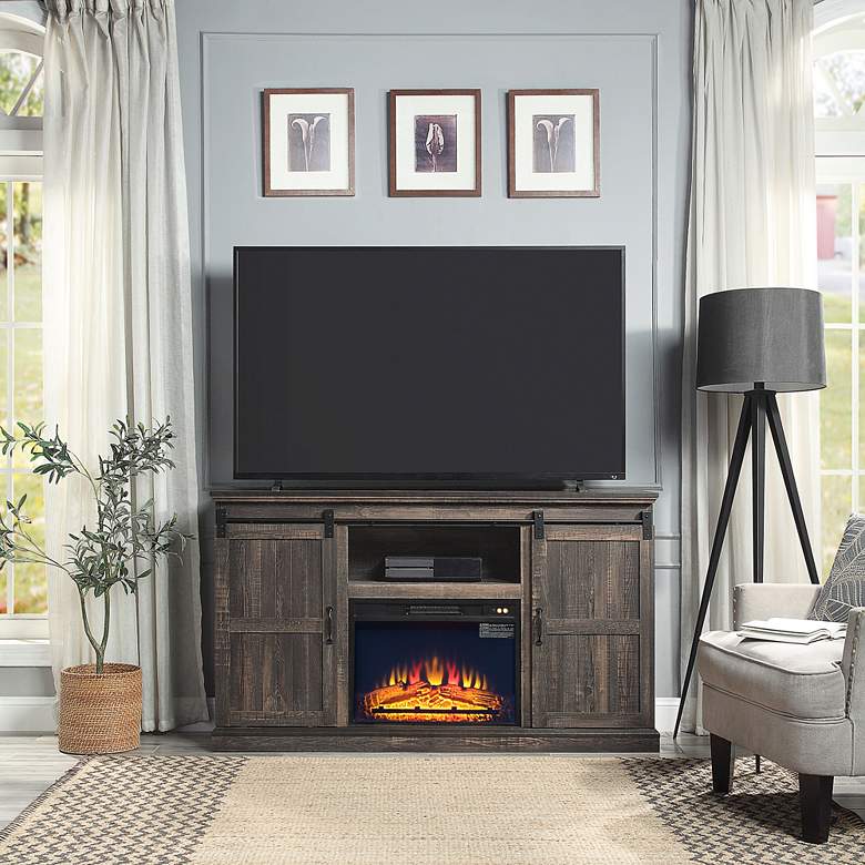 Image 1 Myrtle 60"W Heavy Brown 2-Door 5-Shelf Electric Fireplace in scene