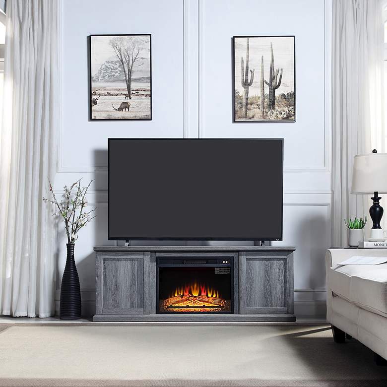 Image 1 Franklin 60" Wide Gray Wood 2-Door Electric Fireplace in scene