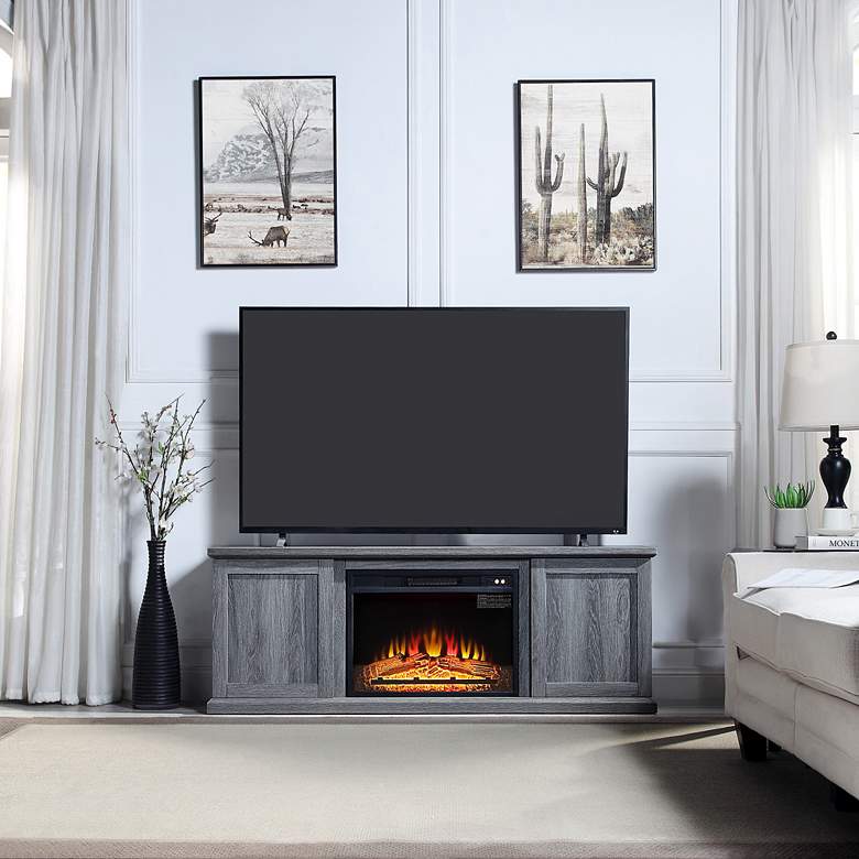 Image 1 Franklin 60 inch Wide Gray Wood 2-Door Electric Fireplace in scene