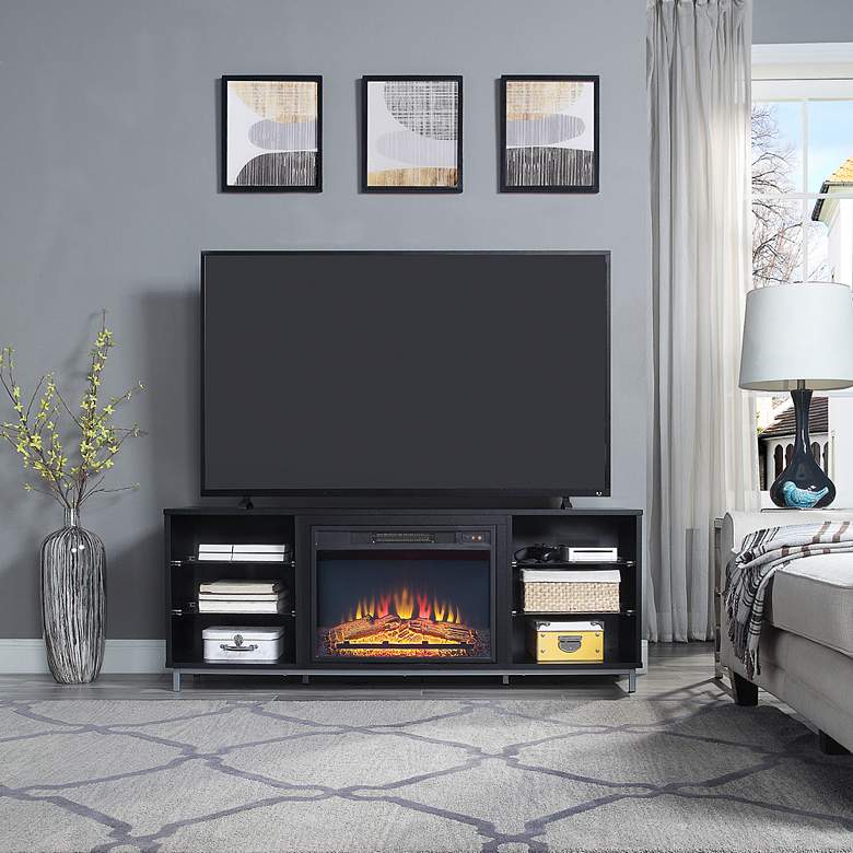 Image 1 Brighton 60" Wide Onyx Wood 6-Shelf Electric Fireplace in scene