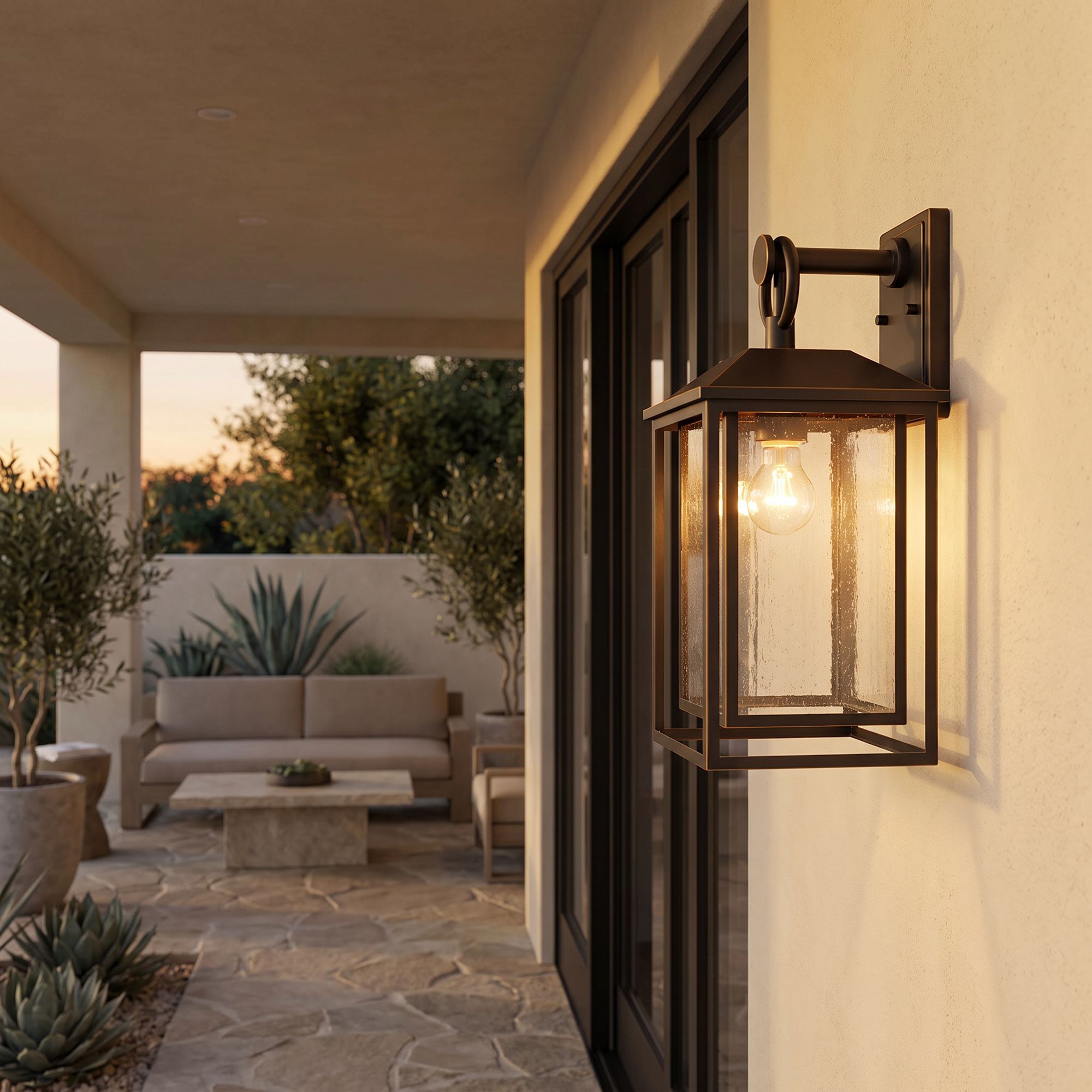 Image 1 John Timberland Califa 18" Bronze Textured Glass Outdoor Wall Light in scene