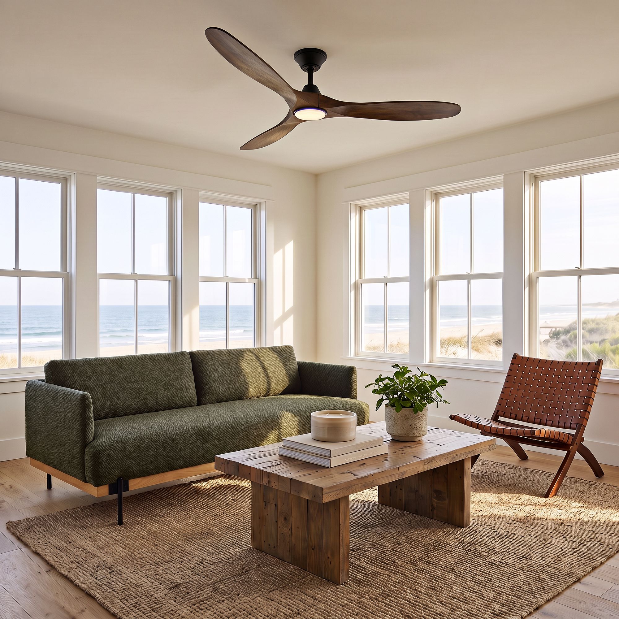 Image 1 60" Visual Comfort Maverick Walnut Wood LED Ceiling Fan with Remote in scene