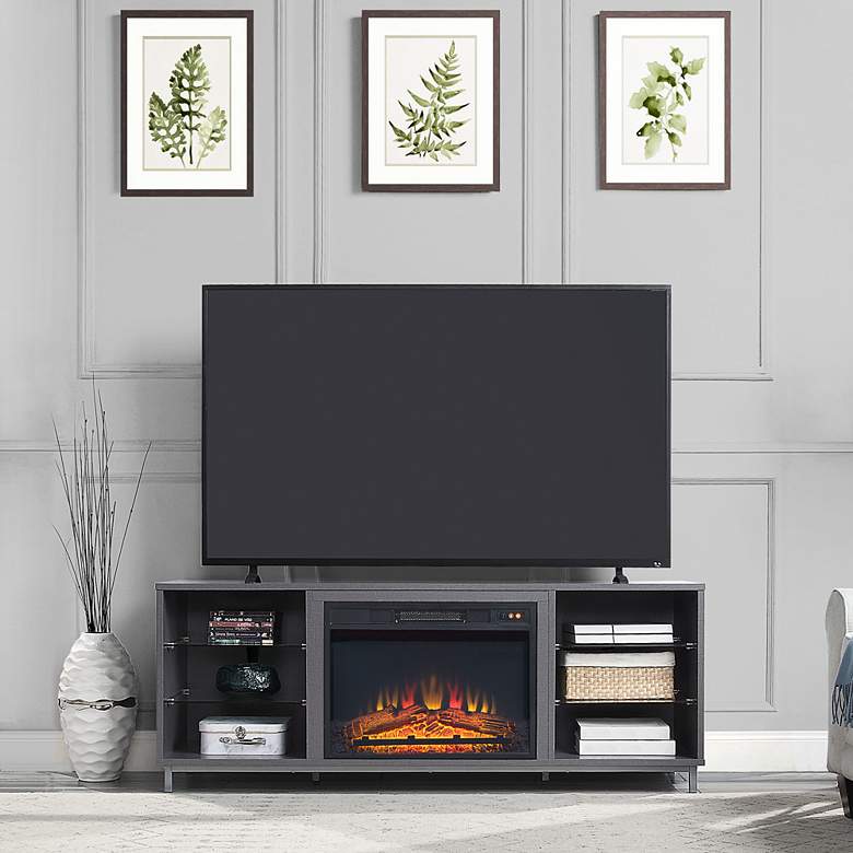 Image 1 Brighton 60" Wide Gray Wood 6-Shelf Electric Fireplace in scene
