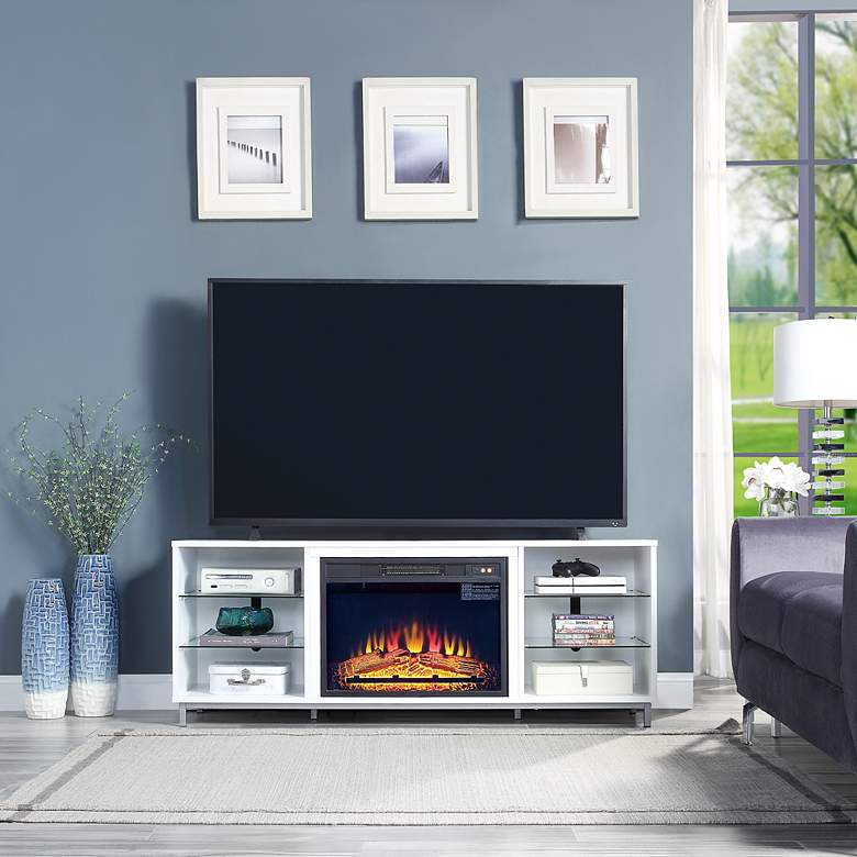 Image 1 Brighton 60" Wide White Wood 6-Shelf Electric Fireplace in scene