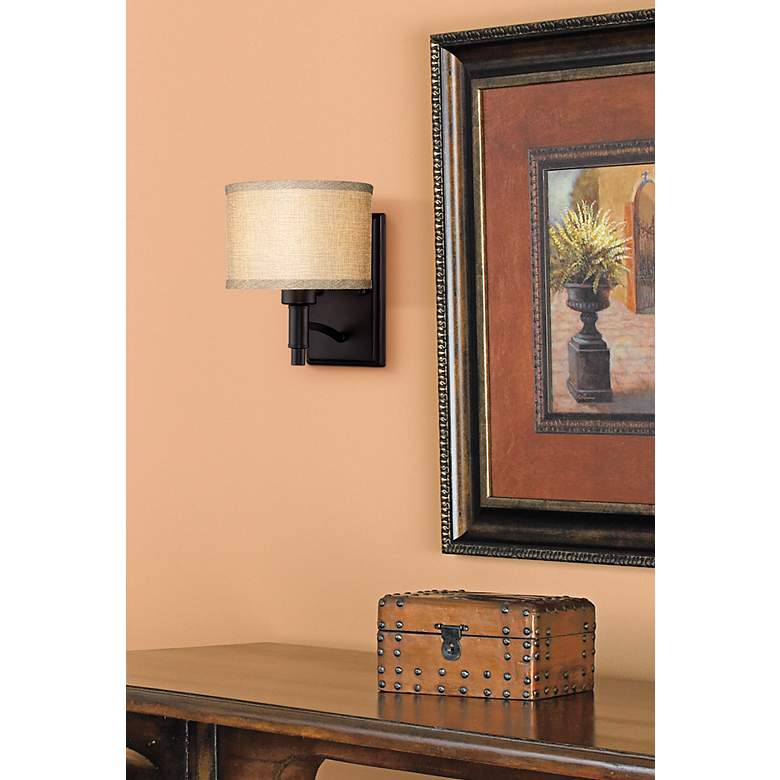 Image 1 Franklin Iron Works La Pointe 9" High Oatmeal Linen Shade Wall Sconce in scene