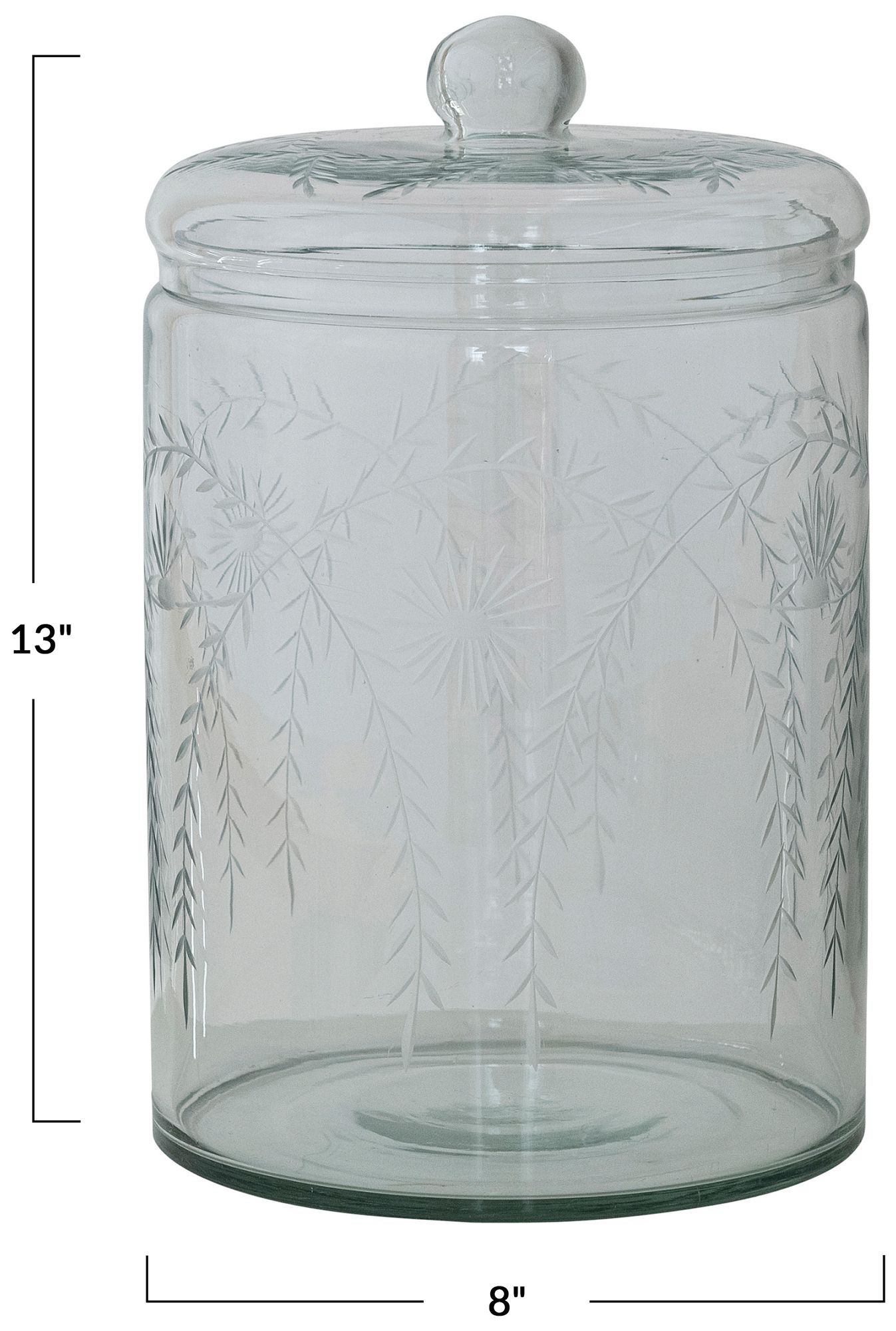 Image 3 7.25 Quart Hand-Blown Glass Jar with Etched Botanical Design and Lid, Clear more views