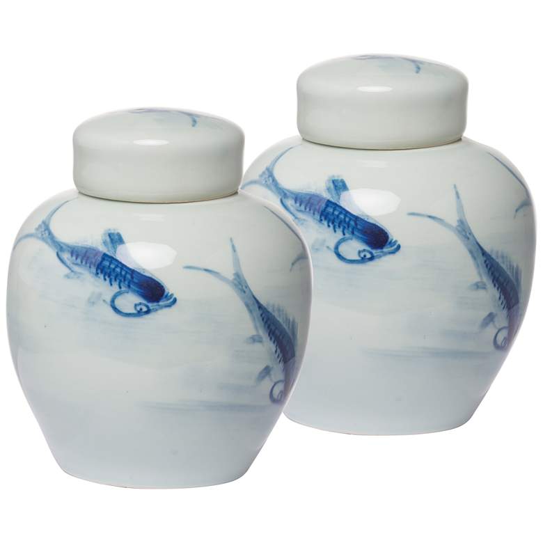 Image 1 7.9 inch High Gloss Blue and White Koi Jars with Lids - Set of 3