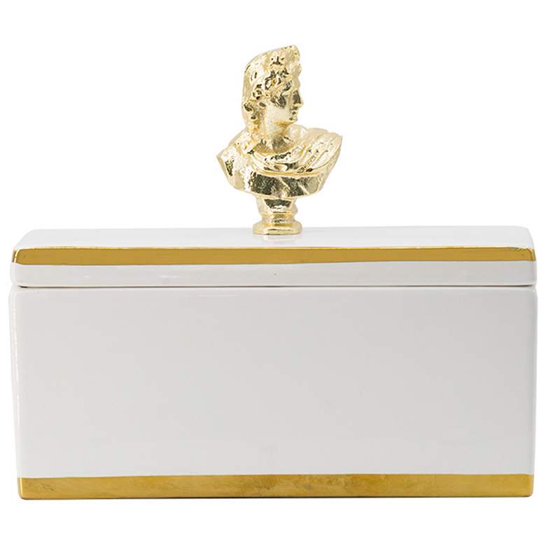 Image 1 7.9 inch White and Gold Lidded Rectangular Canister w/ Sculptural Bust Han