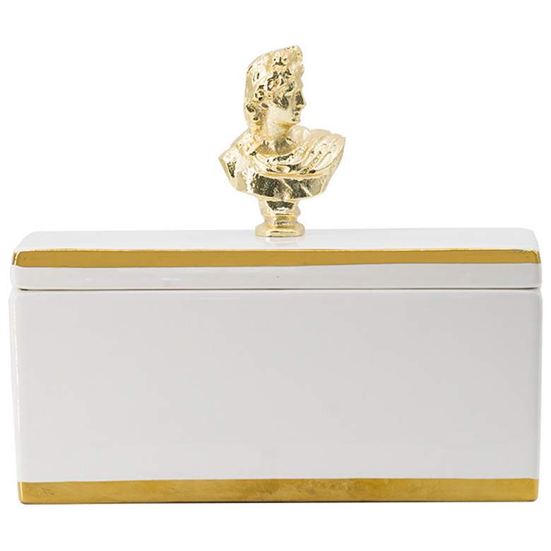 Image 1 7.9" White and Gold Lidded Rectangular Canister w/ Sculptural Bust Han