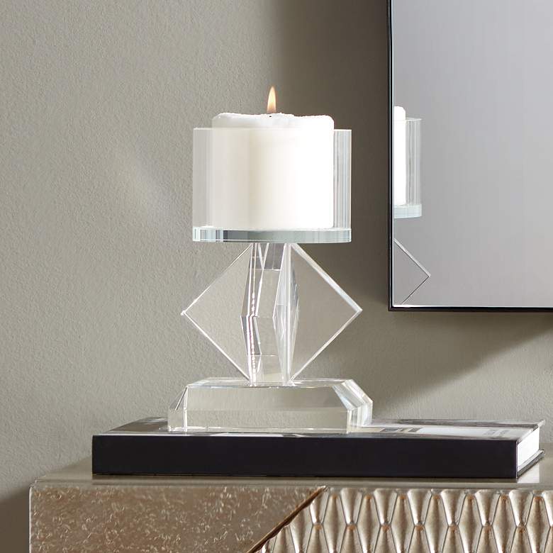 Image 1 7 1/2" High Diamond Stack Shiny Clear Glass Pillar Candle Holder