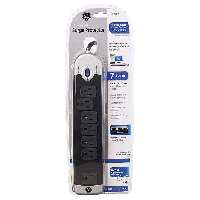 Image 1 7-Outlet Surge Protector Power Strip with Phone Protection