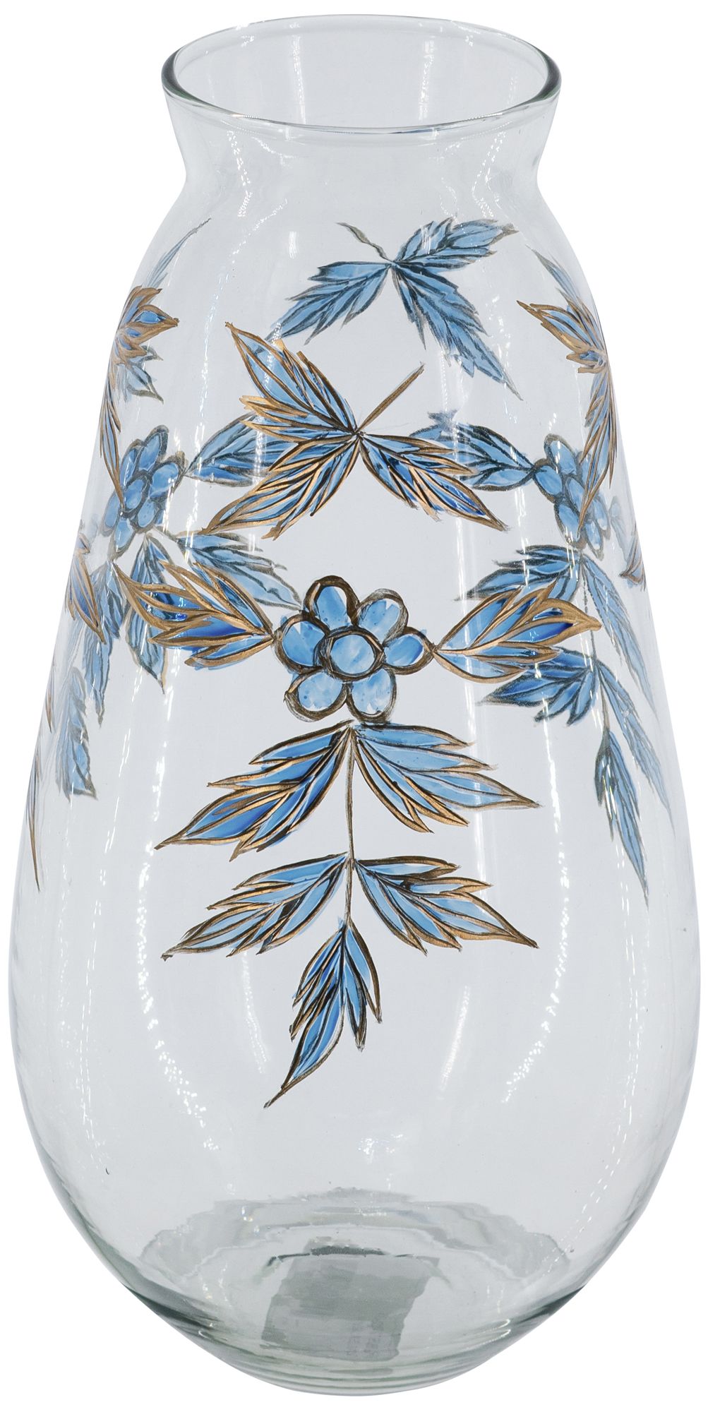 Image 2 7" Round Clear Glass Vase w/ Blue & Gold Botanical Motifs