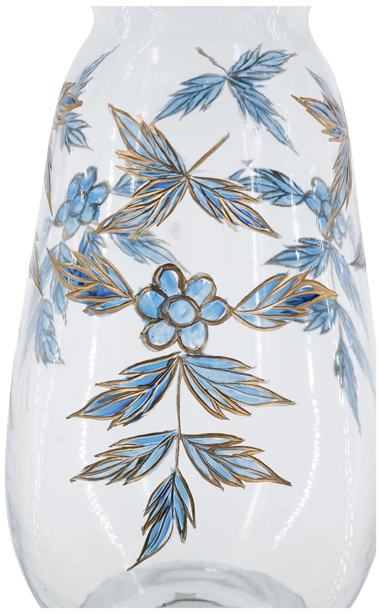 Image 4 7" Round Clear Glass Vase w/ Blue & Gold Botanical Motifs more views