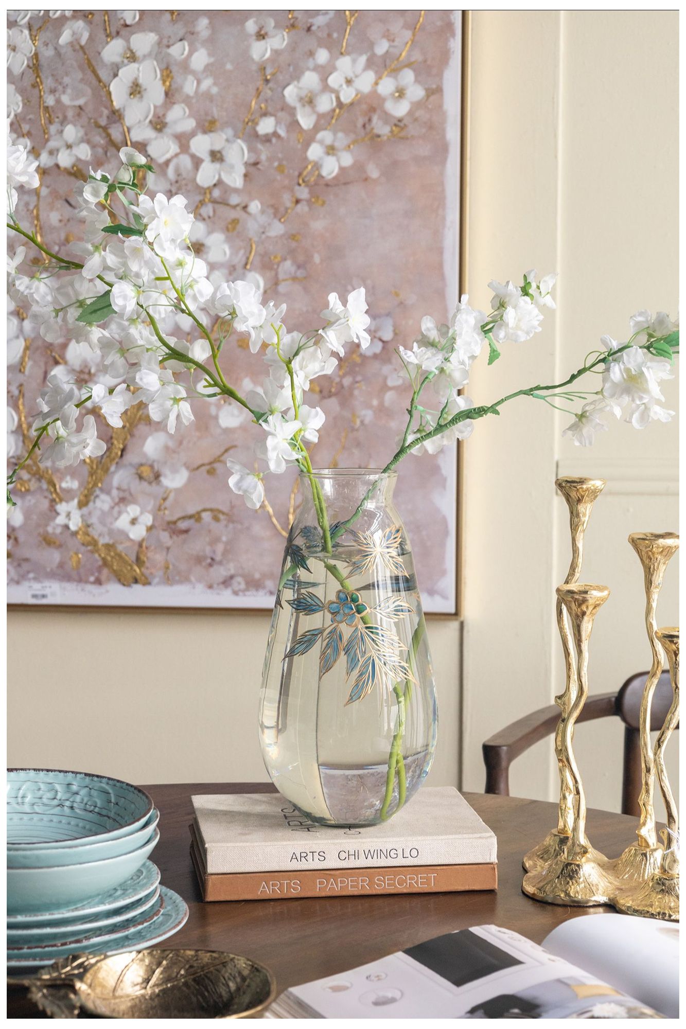 Image 6 7" Round Clear Glass Vase w/ Blue & Gold Botanical Motifs more views