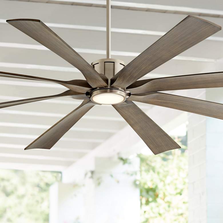 Image 1 70 inch Defender Nickel and Oak Damp Rated LED Ceiling Fan with Remote