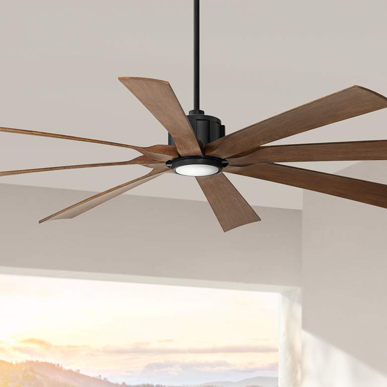 Image 1 70" Possini Defender Matte Black Koa Damp LED Ceiling Fan with Remote
