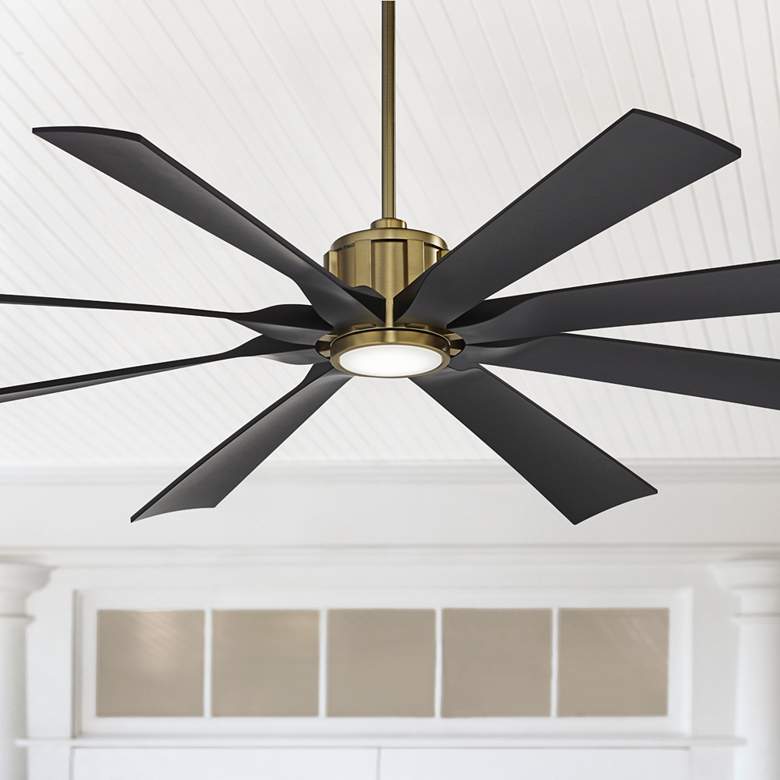 Image 1 70 inch Possini Defender Soft Brass/Black Damp LED Ceiling Fan with Remote