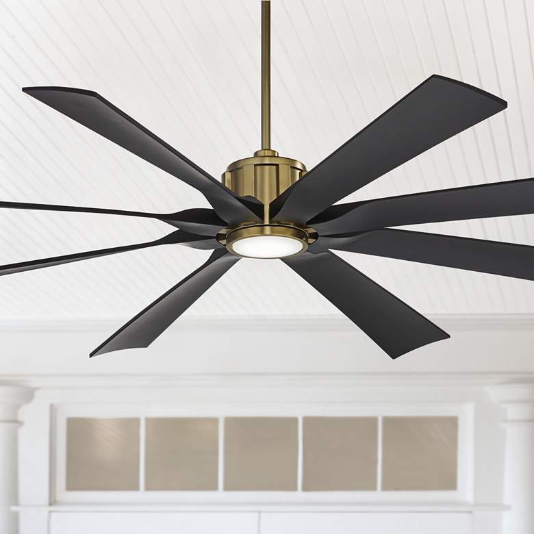 Image 1 70" Possini Defender Soft Brass/Black Damp LED Ceiling Fan with Remote