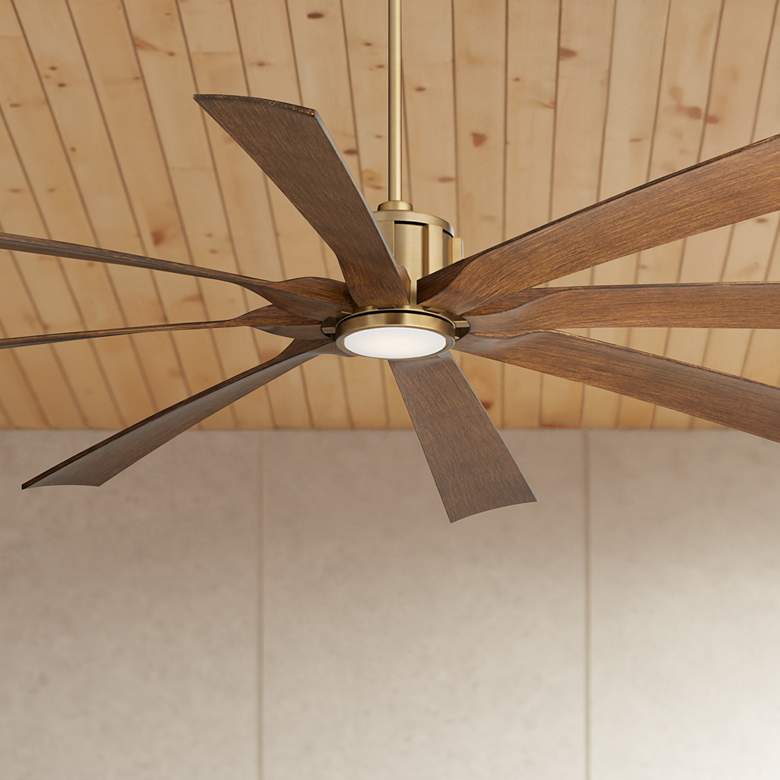Image 1 70" Possini Defender Soft Brass Koa Damp LED Ceiling Fan with Remote