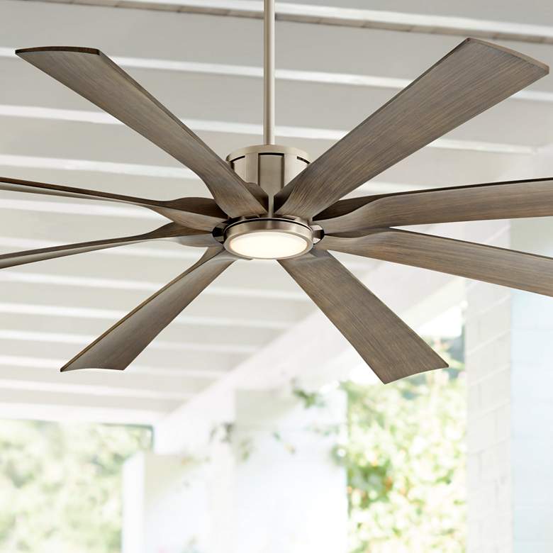 Image 1 70" Possini Euro Defender Nickel and Oak Damp LED Fan with Remote