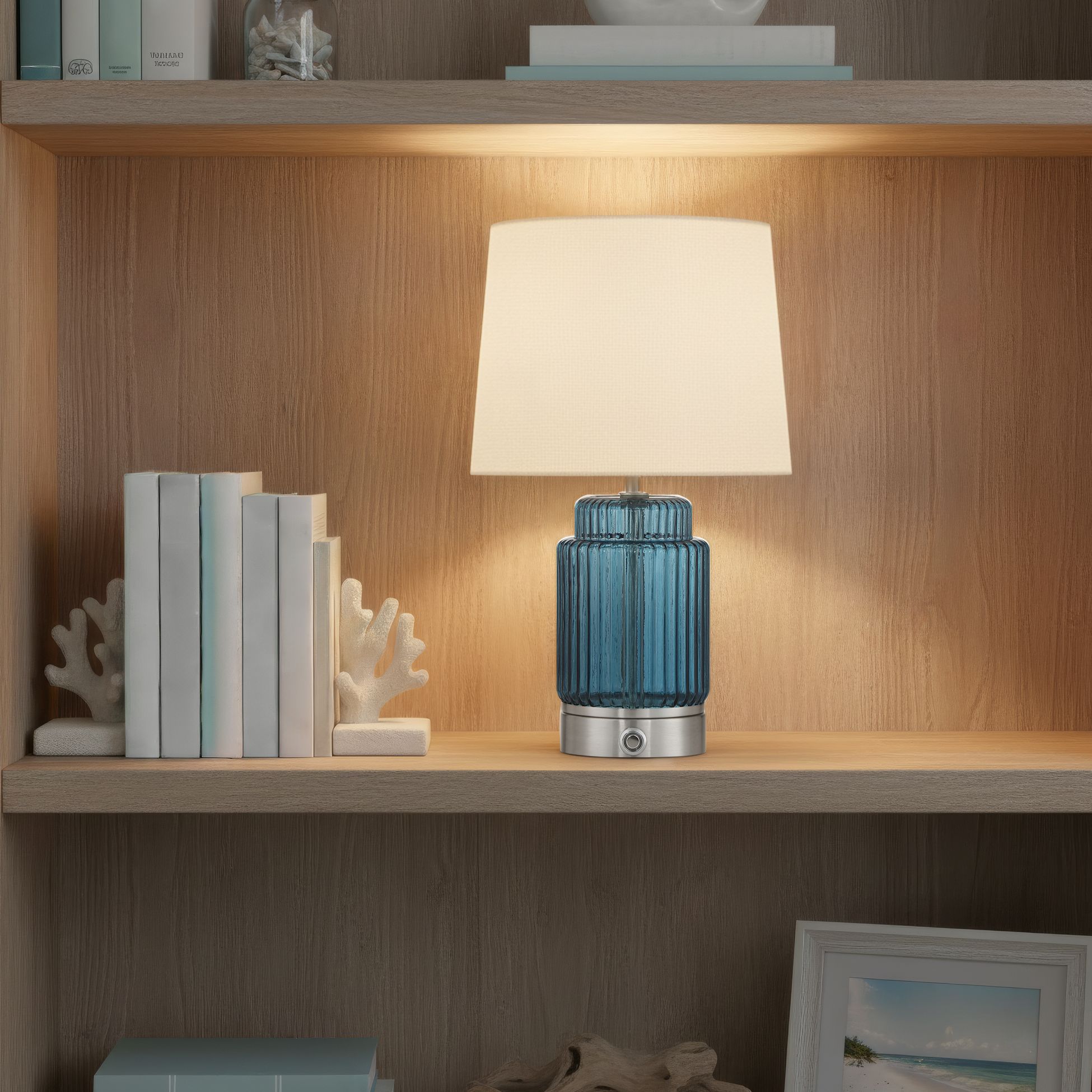 Possini Euro Alain 15"H Blue Glass Battery Powered Accent Table Lamp in scene