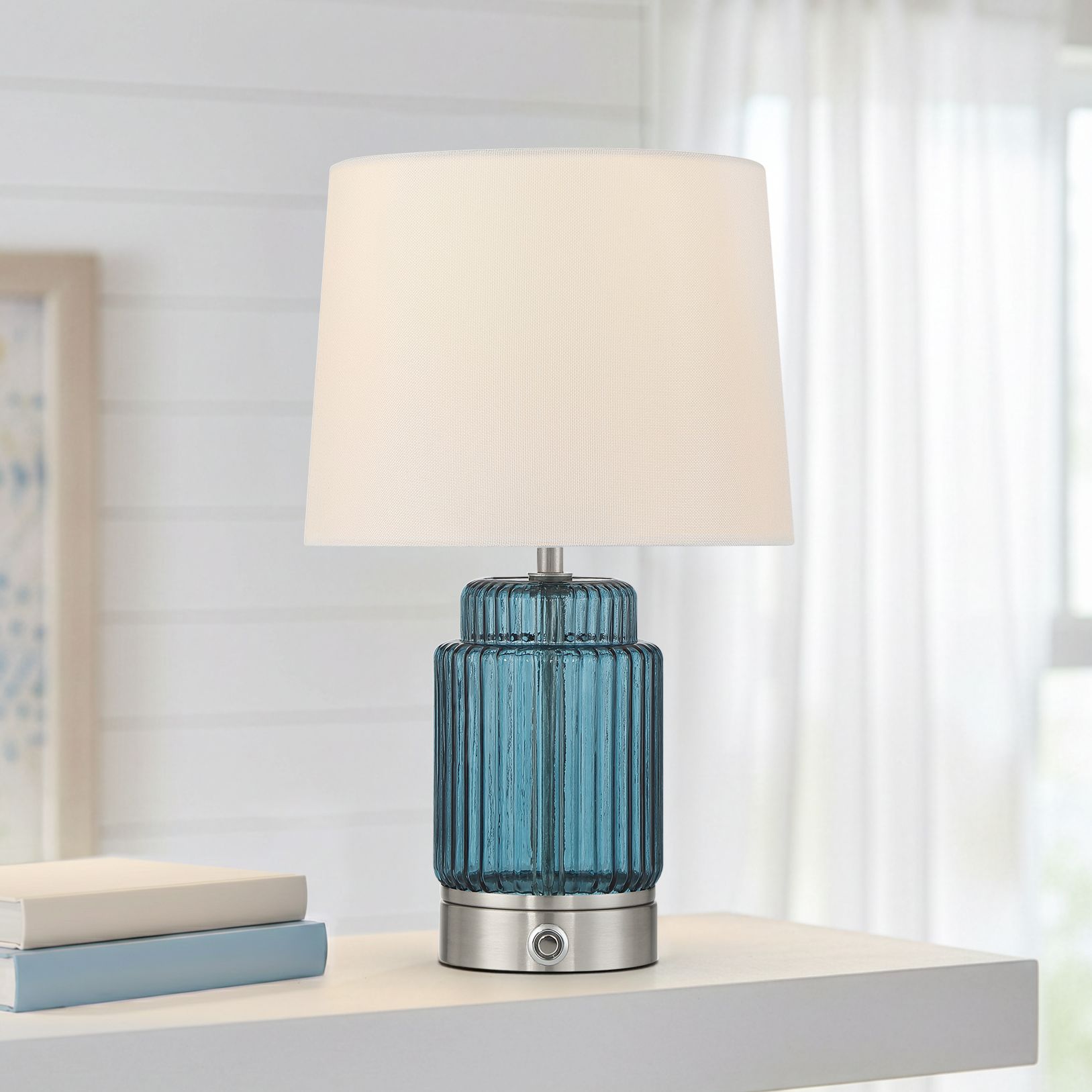Image 1 Possini Euro Alain 15"H Blue Fluted Glass Cordless Accent Table Lamp in scene