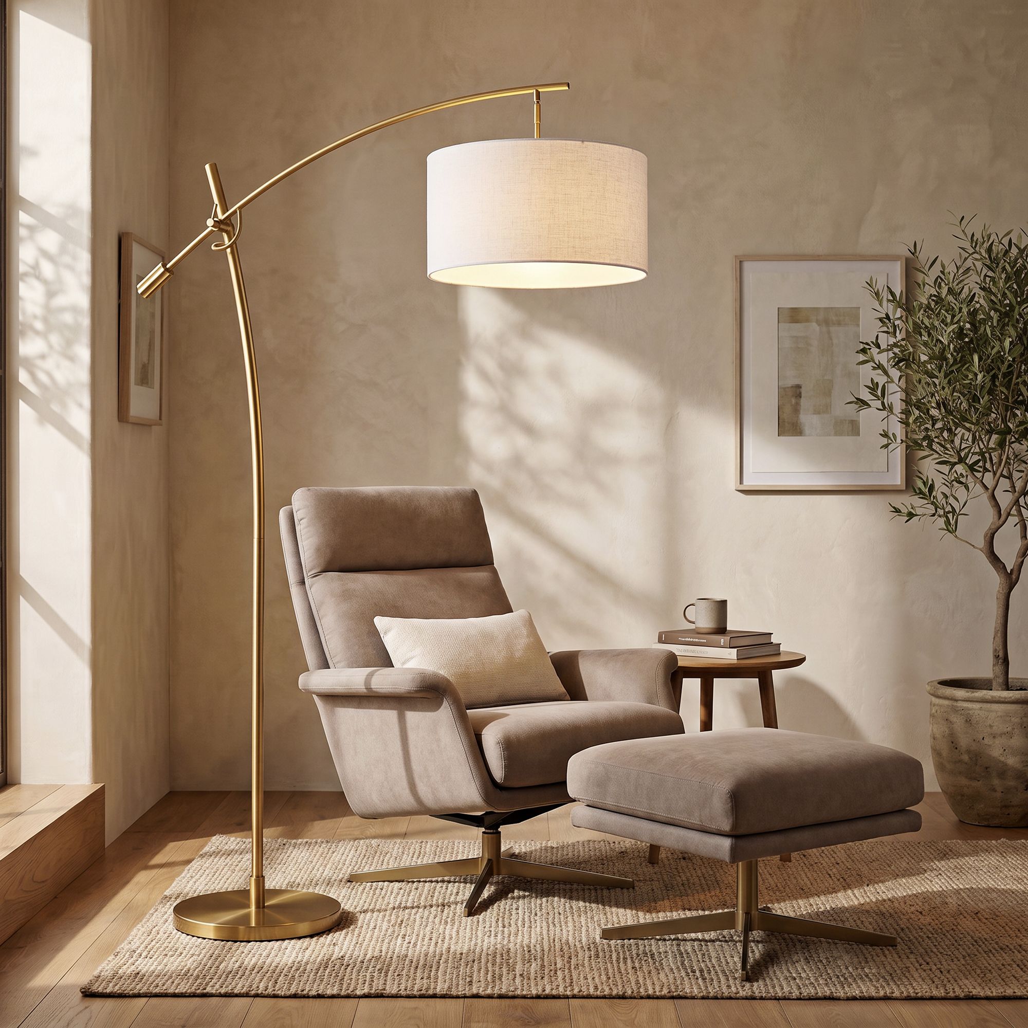 Image 1 Possini Euro Raymond Warm Gold Adjustable Boom Arc Floor Lamp in scene