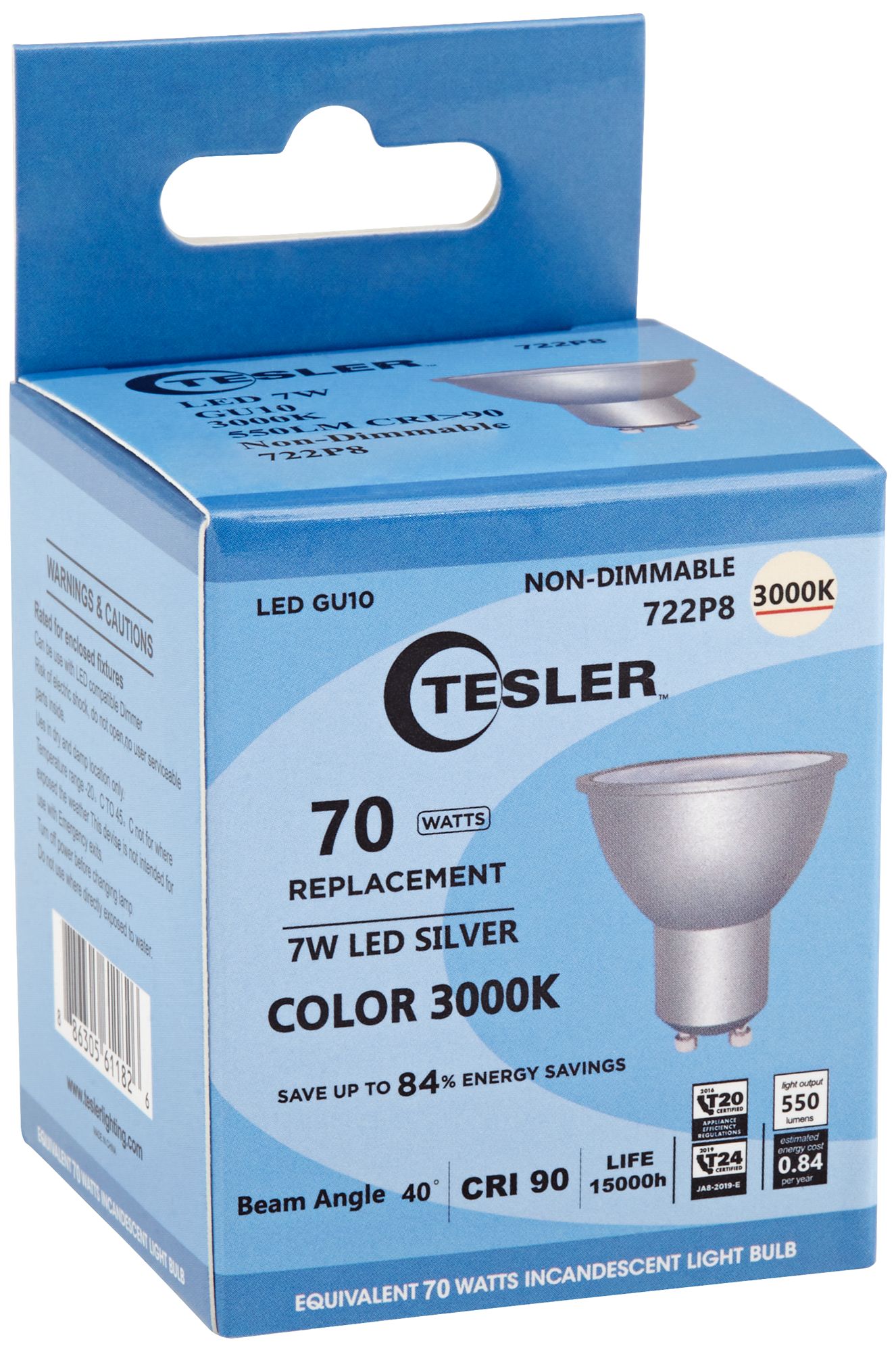 Image 2 70W Equivalent Tesler Silver 7W LED Non-Dimmable 40-degree GU10 Bulb more views