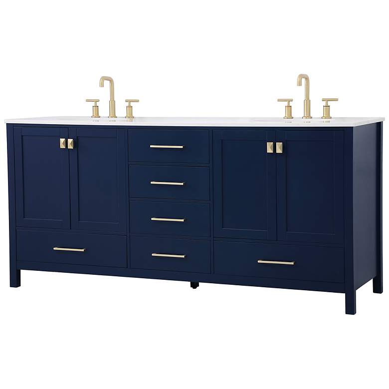 Image 2 72 in. Blue Double Sink Bathroom Vanity w/ White Calacatta Quartz Top