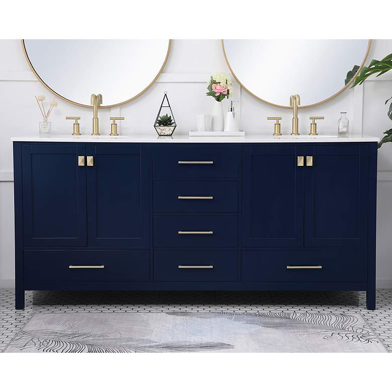 Image 1 72 in. Blue Double Sink Bathroom Vanity w/ White Calacatta Quartz Top