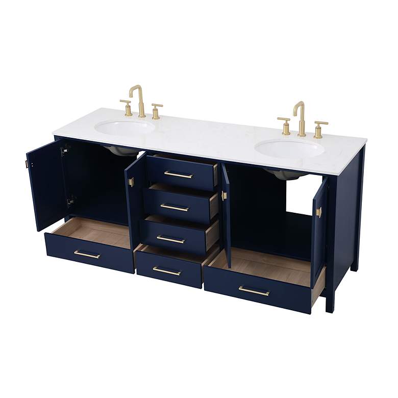 Image 4 72 in. Blue Double Sink Bathroom Vanity w/ White Calacatta Quartz Top more views