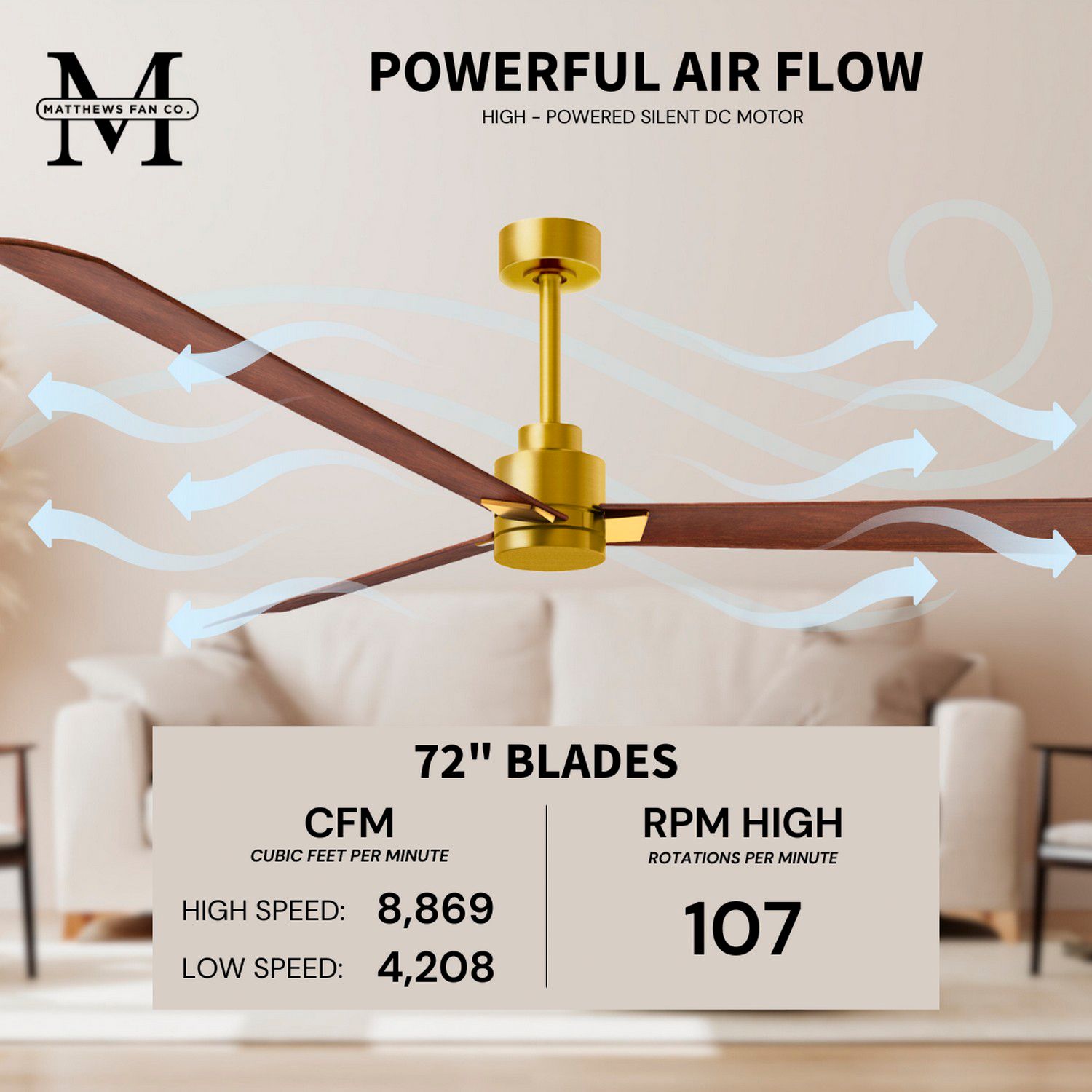 72" Alessandra Brushed Brass and Walnut Ceiling Fan