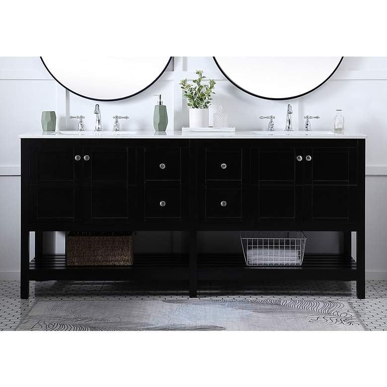 Image 1 72-Inch Black Double Sink Bathroom Vanity With White Calacatta Quartz Top