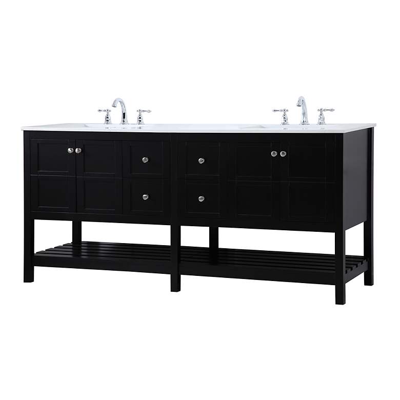 Image 3 72-Inch Black Double Sink Bathroom Vanity With White Calacatta Quartz Top more views