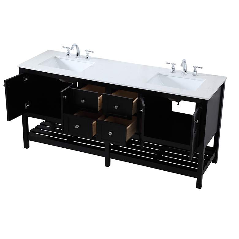Image 5 72-Inch Black Double Sink Bathroom Vanity With White Calacatta Quartz Top more views