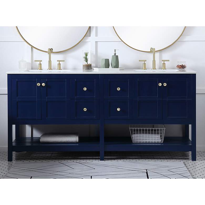 Image 1 72-Inch Blue Double Sink Bathroom Vanity With White Calacatta Quartz Top