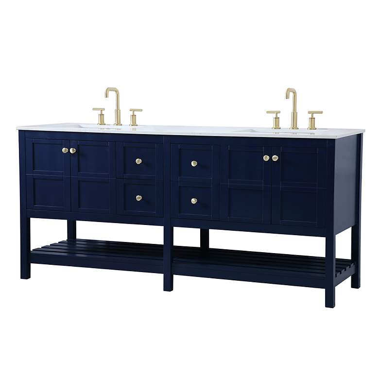 Image 3 72-Inch Blue Double Sink Bathroom Vanity With White Calacatta Quartz Top more views